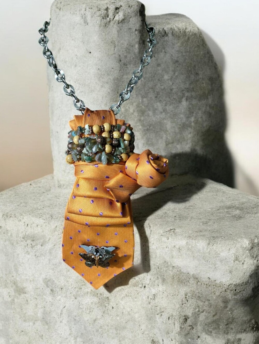 Handcrafted Orange Polka Dot Tie Pendant Necklace with Silver Chain Collar - Picture 3 of 5